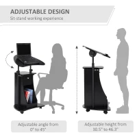 HOMCOM Mobile Laptop Cart, Sit-to-Stand Computer Desk with Drawer, Height Adjustable Rolling Podium Desk Stand with Swivel Top & Storage, Black(m-4)