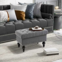 HOMCOM Ottoman with Storage for Living Room, 25" Storage Ottoman with Removable Lid, Button-Tufted Fabric Bench for Footrest and Seat with Wood Legs, Gray(m-4)