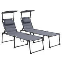 Outsunny 2 Pcs Outdoor Lounge Chair, 4 Position Adjustable Backrest, Folding, Cushioned w/ Sun Shade Roof & Pillow, Gray(m-11)
