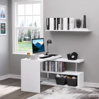 HOMCOM L-Shaped Desk, 360° Rotating Computer Corner Desk, Home Office Writing Table Workstation with Storage Shelf, White(m-6)