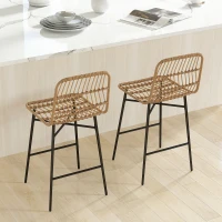HOMCOM Rattan Counter Bar Stools Set of 2, 26" Counter Height Barstools with Back, Bar Chairs for Kitchen Island, Brown(m-10)