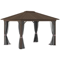 Outsunny 10' x 12' Hardtop Gazebo with Curtains and Netting, Permanent Pavilion Metal Single Roof Gazebo Canopy with Aluminum Frame and Hooks, for Garden, Patio, Backyard, Gray(m-1)