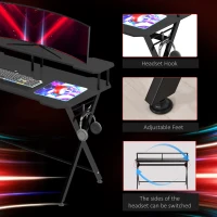 HOMCOM 55 inch Gaming Desk, Racing Style Computer Office PC Gamer Workstation with Elevated Monitor Stand, Headphone Hook, Black(m-7)