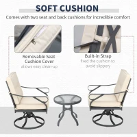 Outsunny 3 Pieces Outdoor Bistro Set, 2 Swivel Rocker Chairs and 1 Round Tempered Glass Table with Cushion, Yard, Lawn, Porch and Garden Furniture, White(m-5)