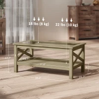 HOMCOM Coffee Table with Tempered Glass Tabletop, Living Room Table with Wood Frame and Underneath Storage Shelf, Gray(m-3)