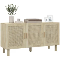 HOMCOM Boho Sideboard Buffet Cabinet with 3 Rattan Doors, Kitchen Cabinet with Adjustable Shelves, Natural(m-11)