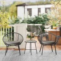 Outsunny 3 Piece Wicker Patio Furniture Set with Soft Seat Cushions, Tempered Glass Tabletop, Bistro Set for Garden, Black(m-8)