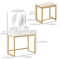 HOMCOM Makeup Vanity Table Set with 3-Color Touch Screen Dimmable Lighted Mirror, Dressing Desk with 4 Drawers and Cushioned Stool for Bedroom, White(m-3)