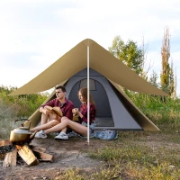 Outsunny 15.4'x15.4'x8.5' Teepee Tent, Waterproof Camping Tent with Porch Area, Floor and Carry Bag, for 2-3 Person Outdoor Backpacking Camping Hiking, Coffee(m-10)