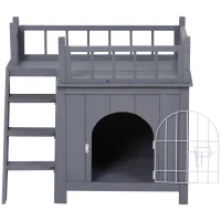 PawHut 2-Story Pet House for Cats Miniature Sized Dogs, Wooden Kitten Shelter with Enclosure, Balcony, Lockable Gate, Stairs, Grey(m-7)