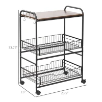 HOMCOM Rolling Kitchen Cart, 3-Tier Utility Storage Cart with 2 Basket Drawers & Side Hooks, Lockable Casters for Dining Room(m-3)