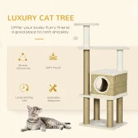 PawHut Modern Cat Tree with Scratching Posts and Rattan Cat House, Small Cat Tower for Indoor Cat Furniture, Beige(m-4)
