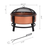 Outsunny 30 Inch Outdoor Fire Pits, Copper-Colored Round Basin Camping Fire Pit, Wood Burning Firepit Bowl with Ornate Black Base, Log grate, Wood Poker, & Mesh Screen for Embers(m-3)