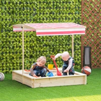 Outsunny Kids Wooden Sandbox, Covered Children Sand Playset Outdoor, w/ Adjustable Canopy Shade, Bottom Liner, Seat, Plastic Basin, Aged 3-8 Years Old, for Backyard, Beach, Natural(m-10)