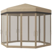 Outsunny 12'x12' Pop Up Canopy, Hexagon Gazebo with Netting, Carry Bag, Height Adjustable Instant Shelter, Khaki(m-2)