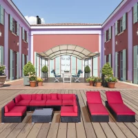 Outsunny 9 Pieces Wicker Patio Furniture Set with Cushion, PE Rattan Outdoor Conversation Set Sectional Sofa Set with 2 Loungers and Glass Tabletop, Aluminum Frame, Coffee & Red(m-8)