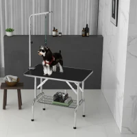 PawHut Foldable Grooming Table for Dogs with Height Adjustable Grooming Arm, Storage Shelf, Black(m-1)