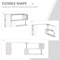 HOMCOM 55" Corner Computer Desk, 360° Rotating L-Shaped Desk, Home Office Workstation with 3-Tier Shelves, Bookshelf, White(m-4)
