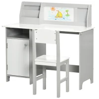 Qaba 2Pcs Kids Desk and Chair Set with Whiteboard, Storage, Shelves, Grey(m-2)
