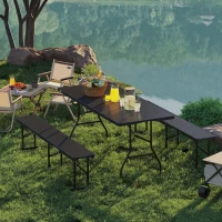 Outsunny 6FT 3PCS Faux Rattan Outdoor Camping Table Bench Set with Carrying Handles, Folding Picnic Table with 2 Benches, Black(m-8)