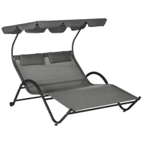 Outsunny Outdoor Patio Chaise Lounge Chair, Patio Sun Lounger w/ Sunshade Roof, for Two People with Wheels and Breathable Sling Mesh Bed, Pillows, Dark Gray(m-11)