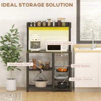 HOMCOM Industrial Kitchen Bakers Rack with Charging Station, RGB Lights, Glass Holders and Open Shelves, Gray(m-6)