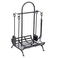 Outsunny Indoor Outdoor Firewood Rack with 4 Tools, elevated base Steel Power Coated Construction Fire Wood Storage Stacking Set, Black(m-11)