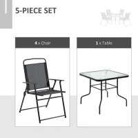 Outsunny 5 Pieces Patio Table and Chairs, Outdoor Dining Set with 4 Folding Chairs, Glass Tabletop and Parasol Hole, Black(m-4)