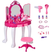 Qaba Children Dressing Table Set Girls Pretend Princess Vanity Table Chair with Music and Lightening Cosmetic Mirror Hair Dryer Nail Polish Necklace Bracelet(m-2)