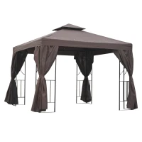 Outsunny 10' x 10' Patio Gazebo Outdoor, Canopy Shelter with Double-tier Roof, Pavilion Sidewalls for Garden Events, Brown(m-2)