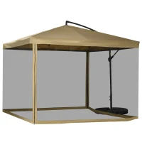 Outsunny Offset Patio Umbrella with Net and Umbrella Base, Adjustable Cantilever Canopy with Cross Base, Weight Plates and 8 Ribs for Backyard, Poolside, Garden, Beige(m-11)