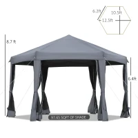 Outsunny 13' x 11' Hexagonal Pop Up Gazebo, Heavy Duty Outdoor Canopy Tent with 6 Mesh Sidewall Netting, 3-Level Adjustable Height and Strong Steel Frame, Gray(m-3)