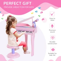 Qaba Mini Electronic Musical Piano 37 Key Keyboard Multifunction Kids Toy with Microphone Stool (Pink)(m-4)