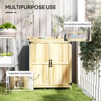 Outsunny Outdoor Storage Cabinet, Garden Tool Shed with Metal Tabletop, Shelf, Wooden Potting Bench with 2 Doors, Natural Wood(m-4)