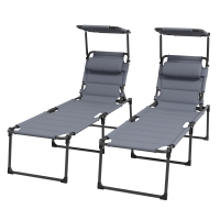 Outsunny 2 Pcs Outdoor Lounge Chair, 4 Position Adjustable Backrest, Folding, Cushioned w/ Sun Shade Roof & Pillow, Gray