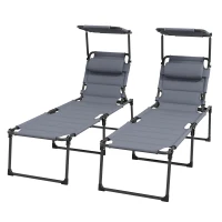 Outsunny 2 Pcs Outdoor Lounge Chair, 4 Position Adjustable Backrest, Folding, Cushioned w/ Sun Shade Roof & Pillow, Gray(m-1)