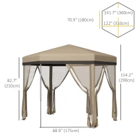 Outsunny 12'x12' Pop Up Canopy, Hexagon Gazebo with Netting, Carry Bag, Height Adjustable Instant Shelter, Khaki(m-3)