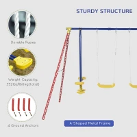 Outsunny Metal Swing Set with 2 Seats Glider A-Frame Stand Adjustable Hanging Rope for Backyard Playground Outdoor Playset for Kid Age 3-8 Years Old 352lbs(m-5)