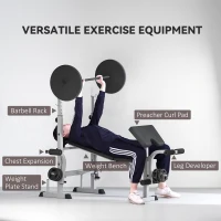Soozier Bench Press Set Adjustable Weight Bench with Squat Rack, Preacher Curl Pad, Leg Developer and Weight Storage, Grey(m-4)