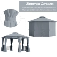 Outsunny 13ft Hexagon Gazebo Outdoor Canopy Shelter with Netting and Shaded Curtains Grey(m-7)