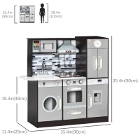 Qaba Wooden Play Kitchen with Lights Sounds, Kids Kitchen Playset with Washing Machine, Water Dispenser, Microwave, Range Hood, Refrigerator, Utensils, Gift for 3-6 Years Old(m-3)