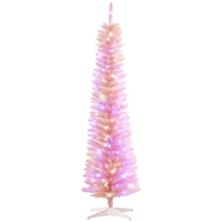 HOMCOM 7' Prelit Christmas Trees, Pencil Artificial Christmas Tree with Colorful Surface Branches, Colorful LED Lights, Pink(m-11)