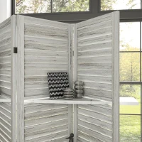 HOMCOM 4 Panel 67" Tall Wood Privacy Screen Room Divider with 3 Shelves and Folding Storage for Bedroom, Distressed White(m-9)