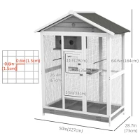 PawHut 65" Bird Cage Large 2 Doors Wooden Aviary for Canary with Standing Pole Nest Slide-out Tray, for Indoor Outdoor, Grey(m-3)