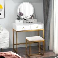 HOMCOM Makeup Vanity Table Set with 3-Color Touch Screen Dimmable Lighted Mirror, Dressing Desk with 4 Drawers and Cushioned Stool for Bedroom, White(m-9)