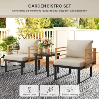 Outsunny 3 Piece Metal Bistro Set, Small Patio Furniture Set with Cushions, Armchairs, Slatted Table for Backyard Balcony, Beige(m-4)