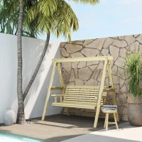 Outsunny 3 Seat Wooden Porch Swing with Stand, Patio Swing with Side Tables, for Garden, Poolside, Backyard, Natural Wood(m-10)