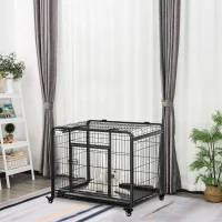 PawHut Folding Heavy Duty Dog Crate Heavy Duty Cage for Medium Sized Dogs with Double Doors, Lockable Wheels Tray, 37" x 23" x 27"(m-1)