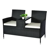 Outsunny 2 Seat Rattan Wicker Chair Garden Bench with Tea Table Backyard All Weather Padded Seat, Black(m-11)