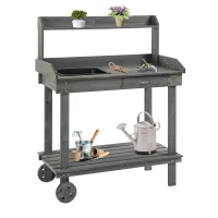 Outsunny 36" Wooden Potting Bench Work Table with 2 Removable Wheels, Sink, Drawer & Large Storage Spaces, Gray(m-11)
